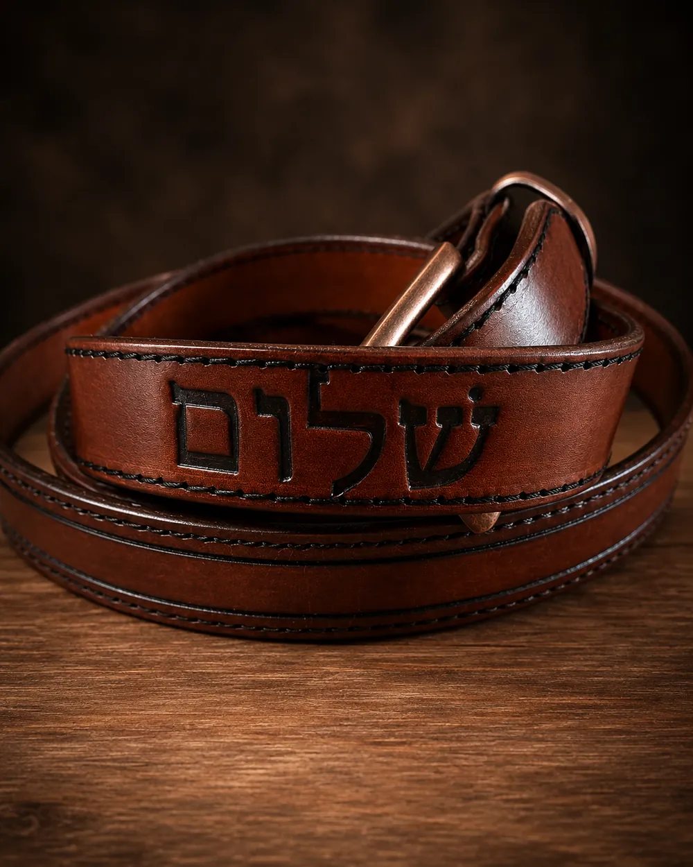 Brown leather belt embossed with the Hebrew word Shalom and a copper ring buckle