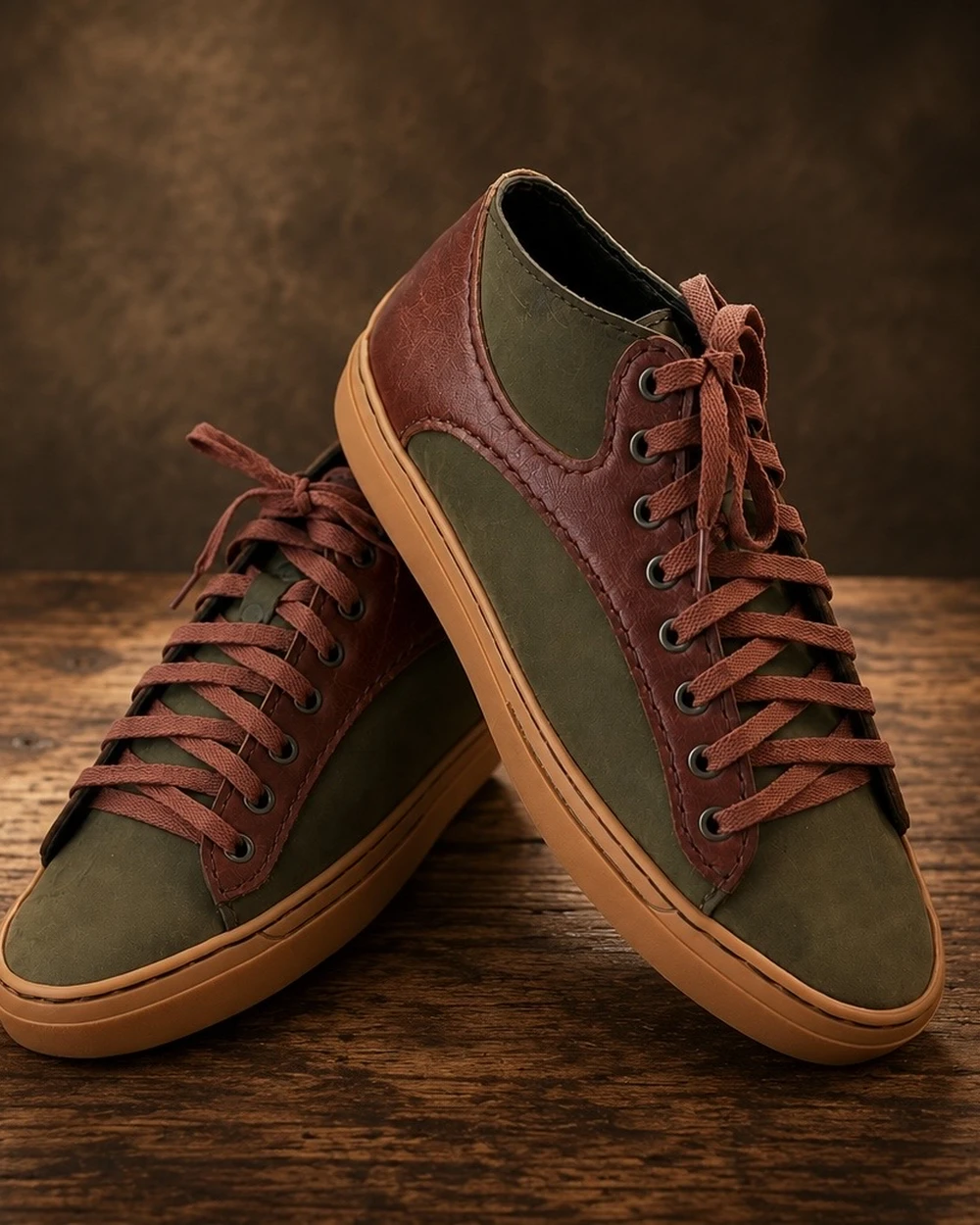 Handmade olive-green and oxblood leather high-top sneakers with rust laces and a gum sole