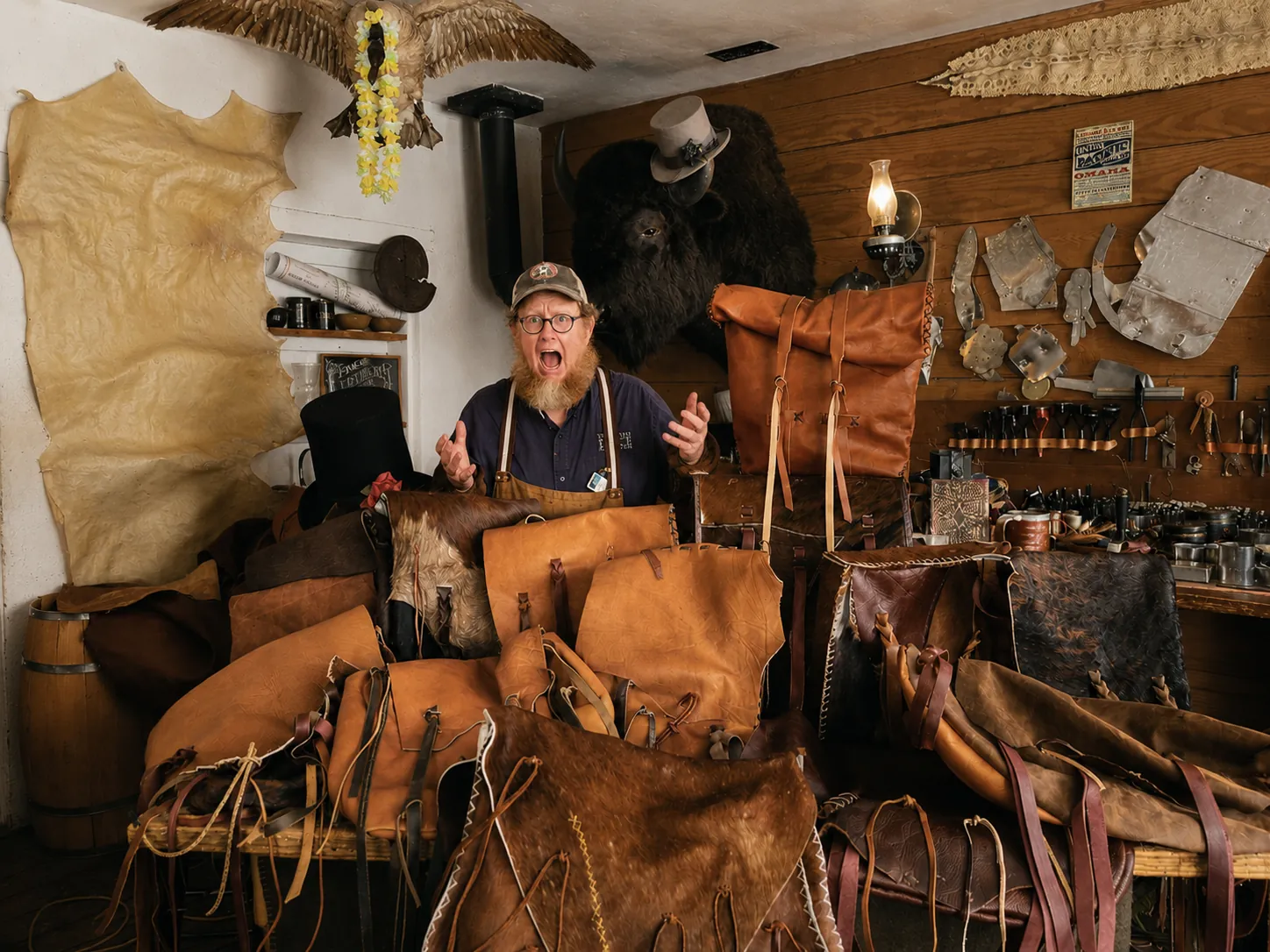Diamond Jim Taylor-Davis in his leather workshop surrounded by hides, hand tools and finished bags
