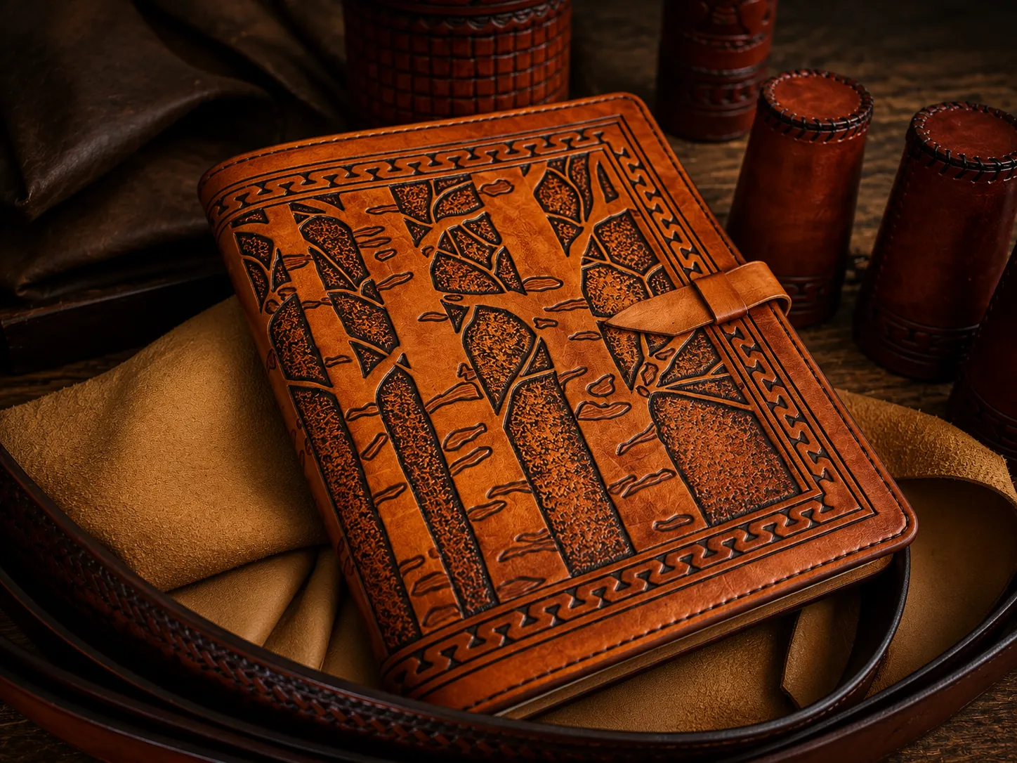 Tan leather journal cover hand-tooled with an aspen forest scene and braided Celtic border