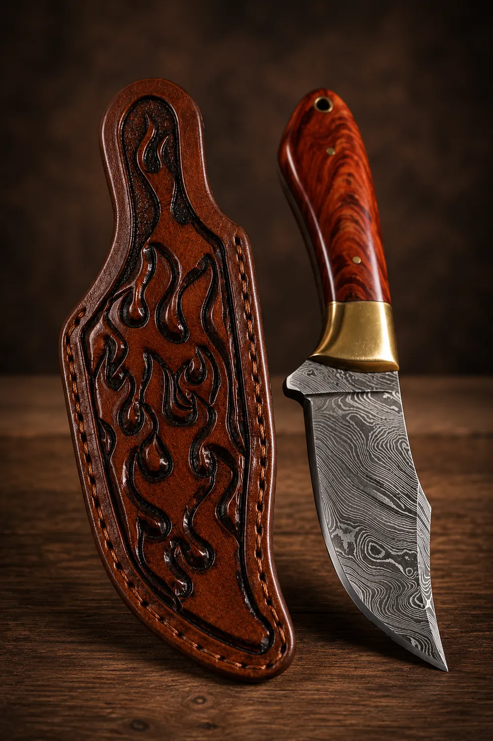 Damascus steel knife beside a leather sheath hand-carved in a flowing flame pattern