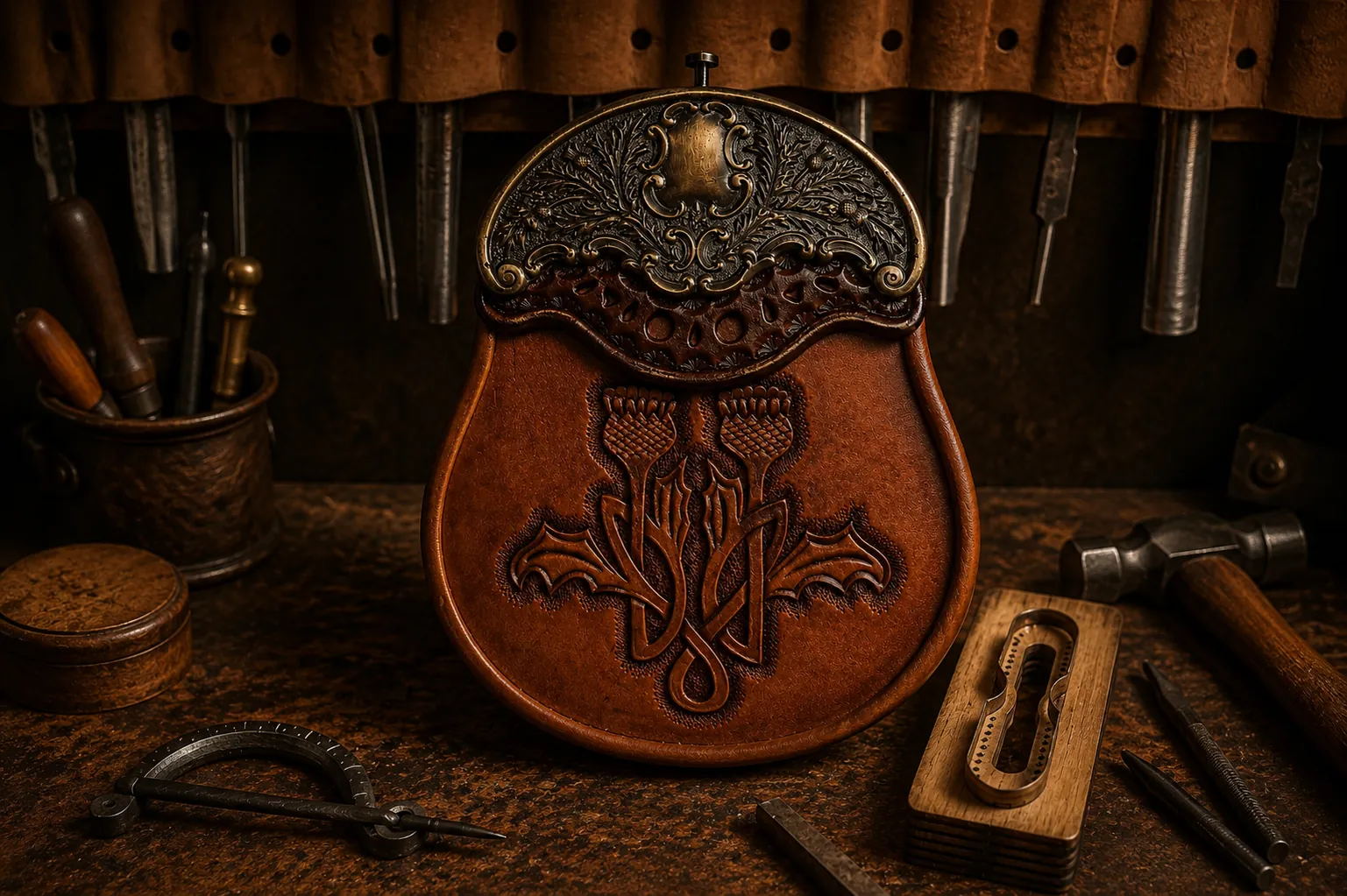 Hand-tooled leather sporran with carved Scottish thistles and an engraved antique brass cantle