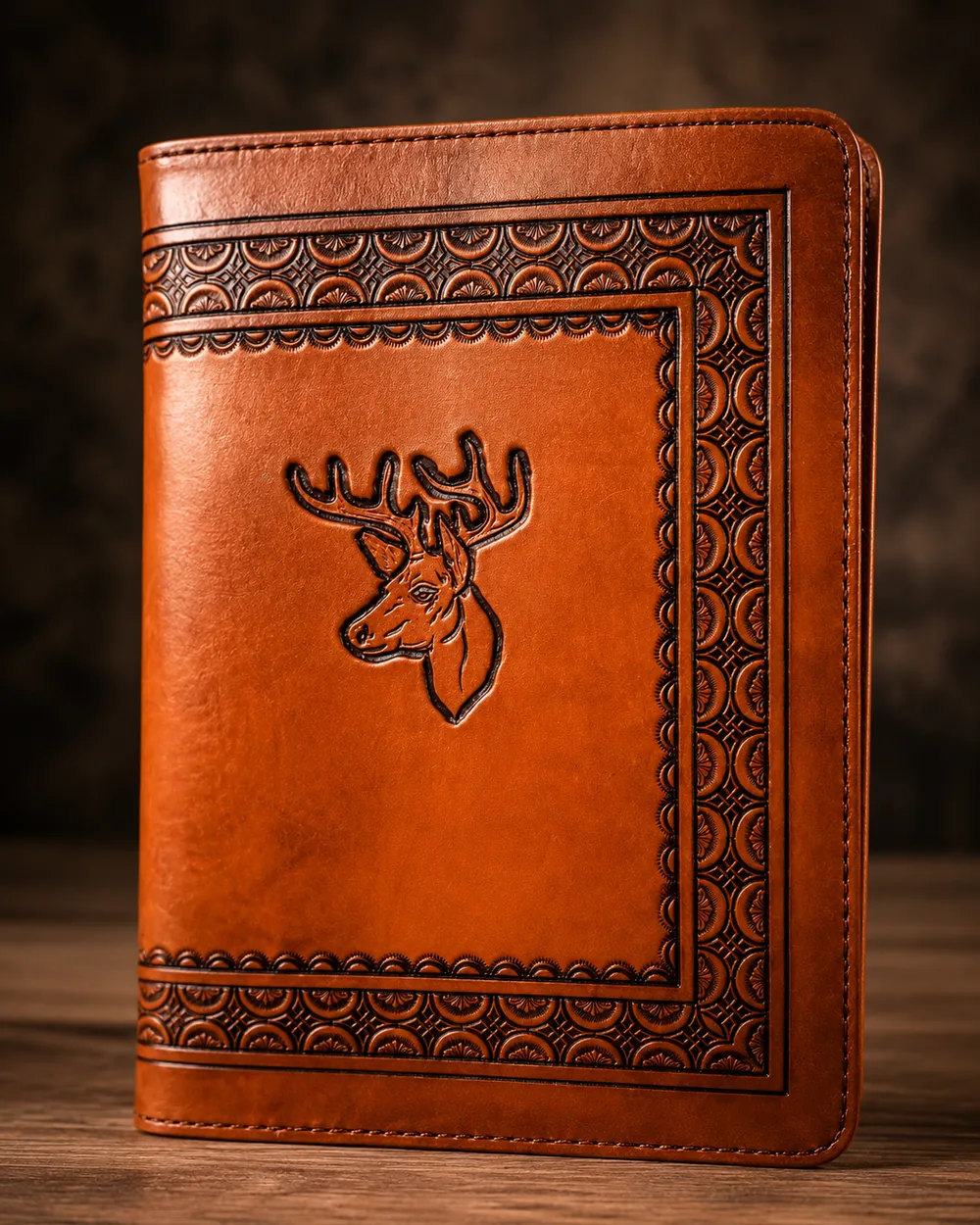 Tan leather book cover embossed with a stag head inside an ornate fan-tooled border
