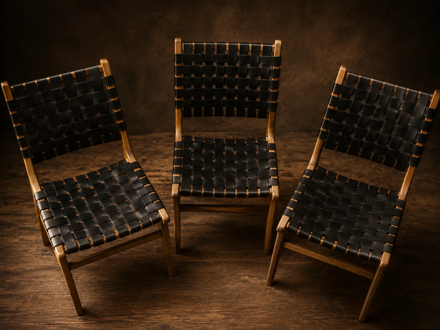 Three dining chairs with hand-woven black leather seats and backs on oak frames